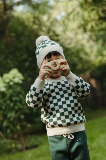 KID STORY Czapka z wełny merino GREEN CHESSBOARD - obrazek 4