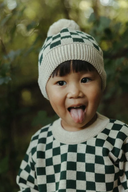 KID STORY Czapka z wełny merino GREEN CHESSBOARD - obrazek 3