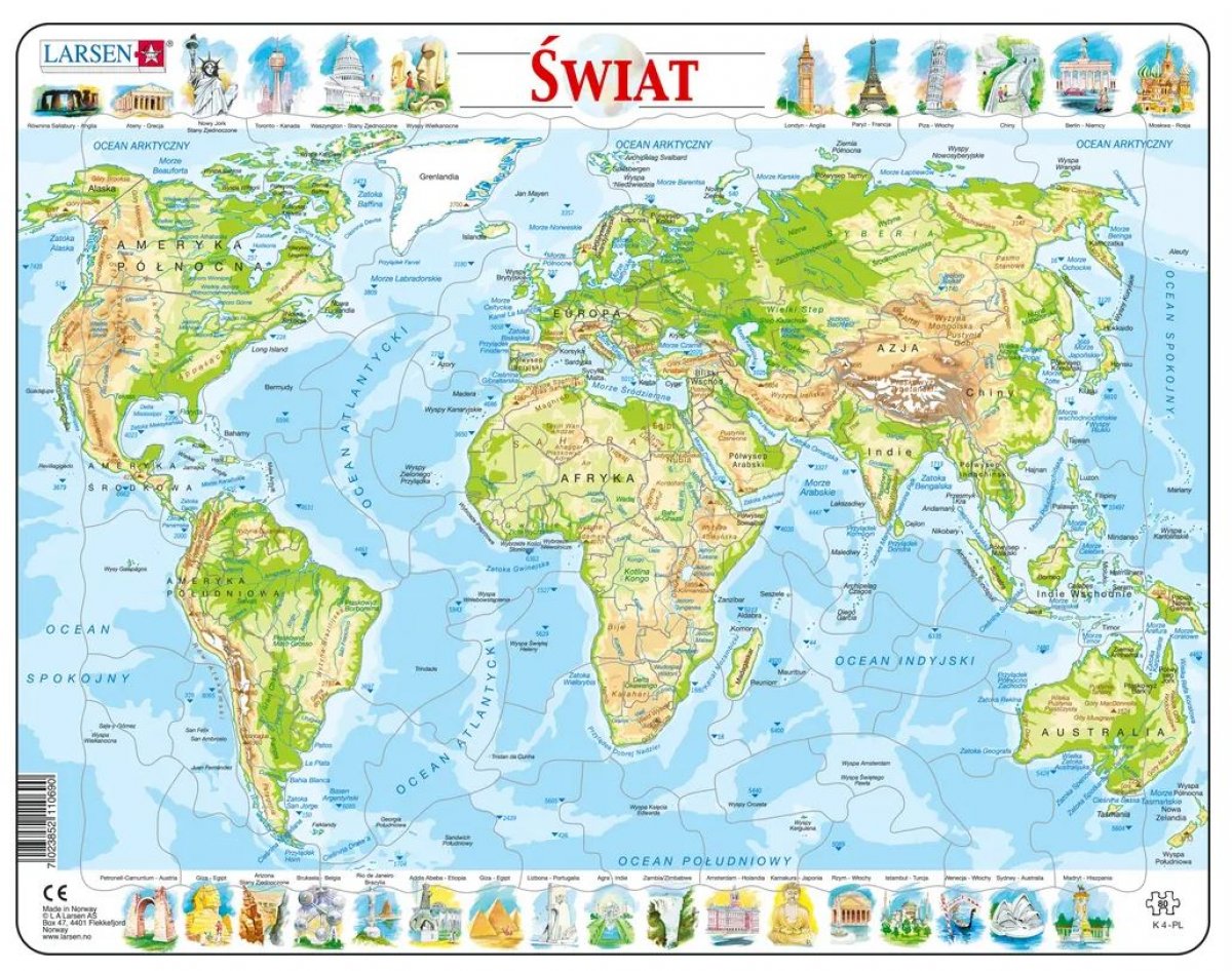 Larsen Układanka Maxi Świat mapa fizyczna 80 elementów