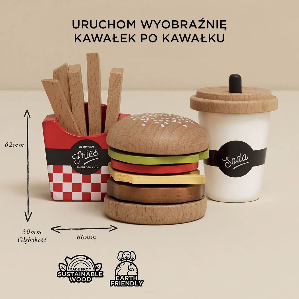 Le Toy Van Drewniany zestaw 3w1 hamburger frytki napój - obrazek 4