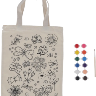 Esschert Design Torba płócienna do kolorowania dla dzieci - KWIATY – 10 Farb + 2 Pędzelki, Pralna